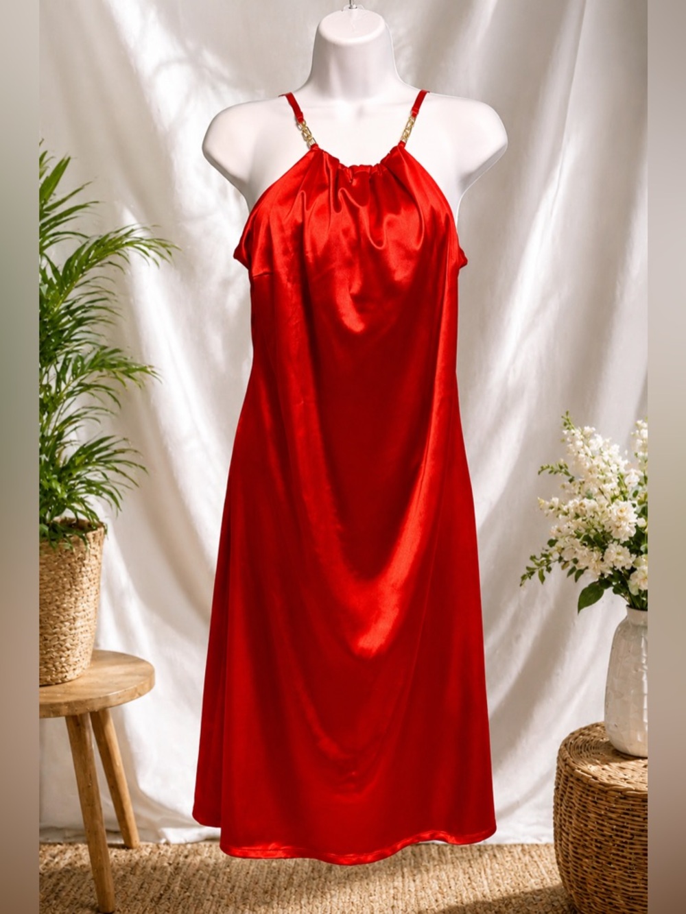 Planet Gold Red Satin Midi Dress | Gold Chain Straps | Women’s Large*